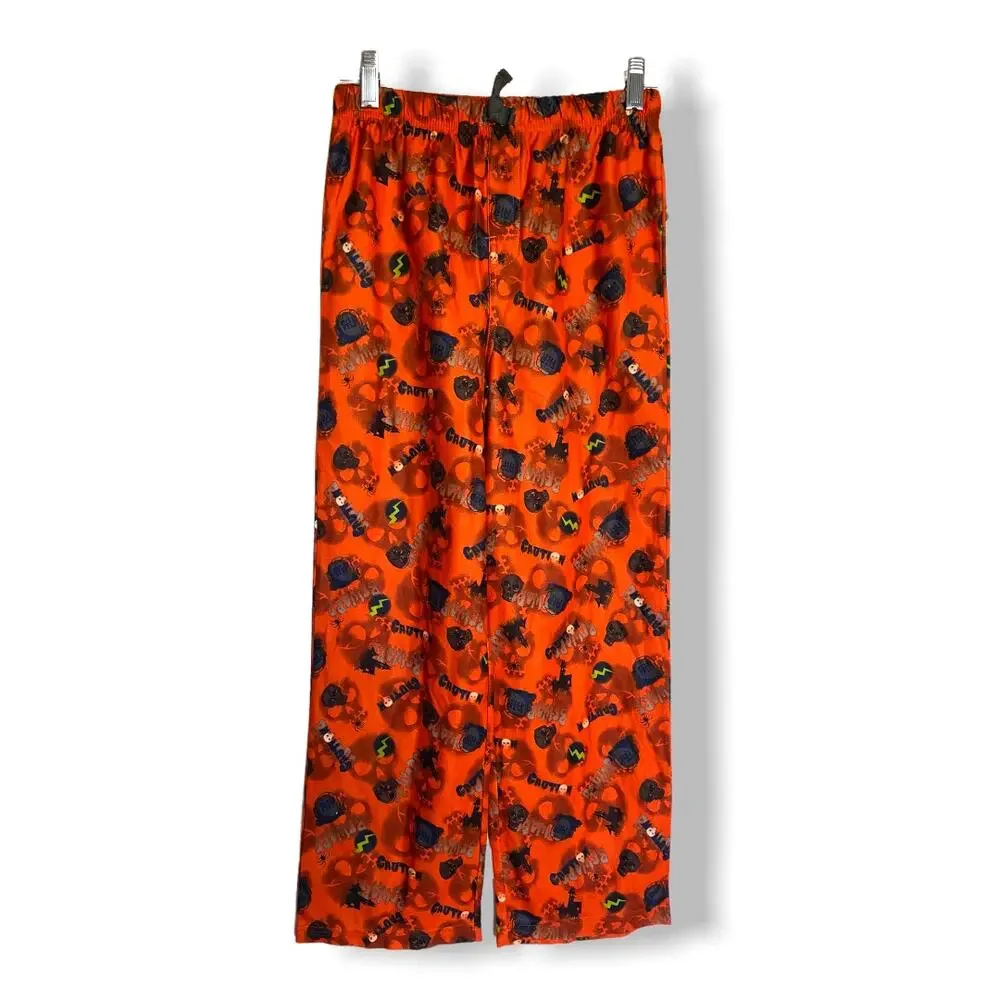 Happy Halloween Unisex Kids Pajama Pants L 10 12 Orange Skulls Tombstones‎ RIP